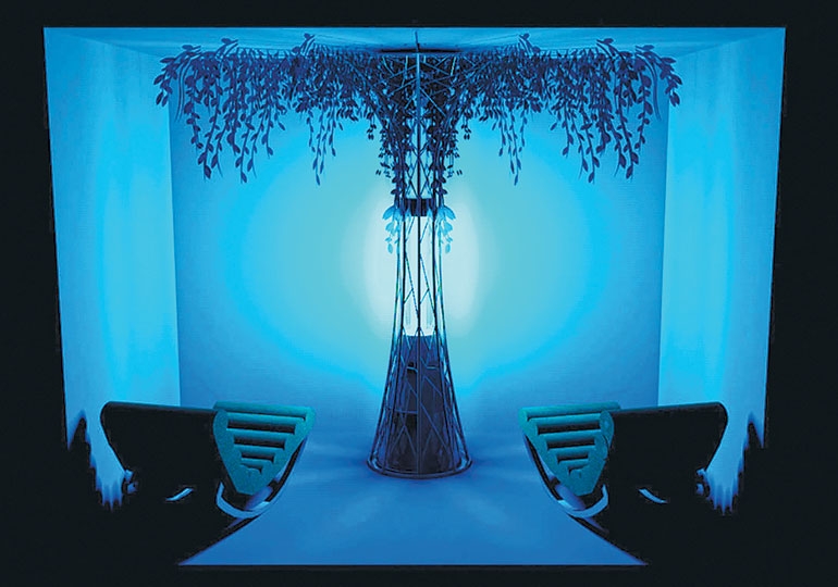 salle zen bioluminescence glowee avec 2 siège et un arbre lumineux